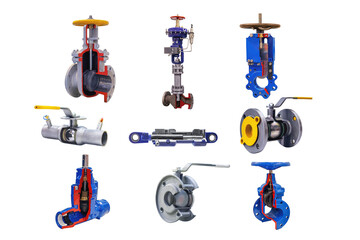 nine modern shut-off valves with automatic and manual control for a gas pipeline isolated on a white background. Lengthwise cut