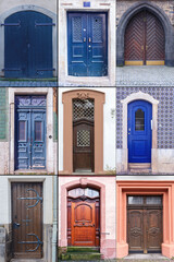 Fototapeta na wymiar Old wooden doors with beautiful metal and wood trim in the historical part of various European cities