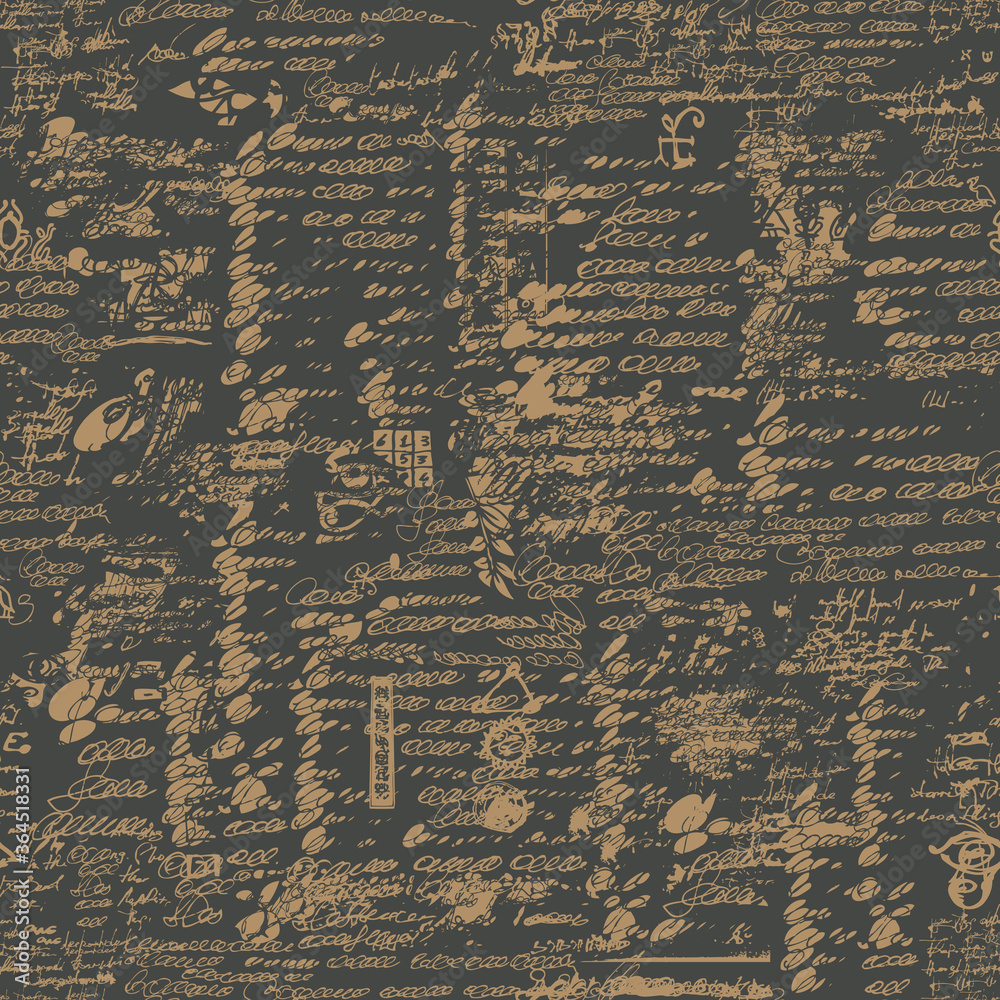 Poster Seamless pattern with unreadable scribbles imitating handwritten text on a dark background in retro style. Vector abstract repeating background. Suitable for wallpaper, wrapping paper, fabric
