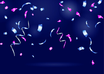 Confetti, serpentine. Blue and pink metallic gradient. Festive background, design for cards, invitations. Abstract texture on a blue background. Design element. Vector illustration, eps 10.