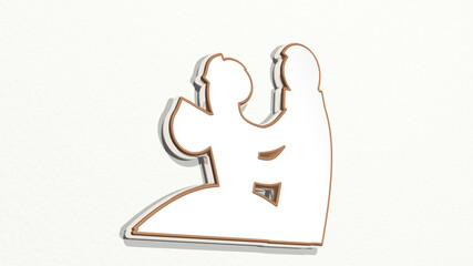 lovers made by 3D illustration of a shiny metallic sculpture on a wall with light background. couple and beautiful