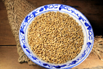 Pile of organic whole grain wheat. Fresh harvested wheat grain in a bowl isolated on wooden background. Wheat grains and wheat flour in wooden textured background. Food ingredient cereals concept.