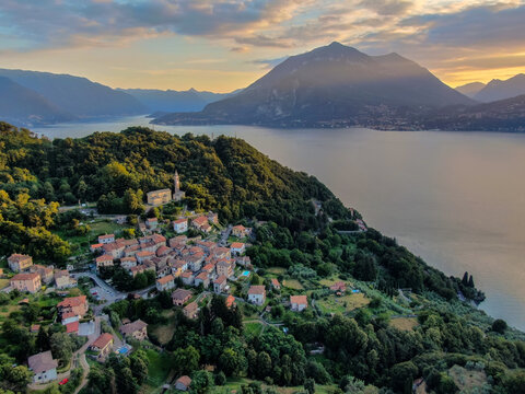 beautiful village at lake como during summer aerial panorama between dervio and bellano