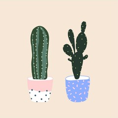 Cactus in cute ceramic flowerpot. Houseplant isolated. Trendy hugge style, urban jungle decor gift. Hand drawn sketch, naive art. Print, poster, banner. Logo, label. Green, blue, pink pastel colors.