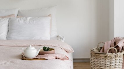 Modern house with bright bedroom, decor and comfortable bed