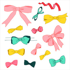 Set of drawn bows. Colored decorative bows