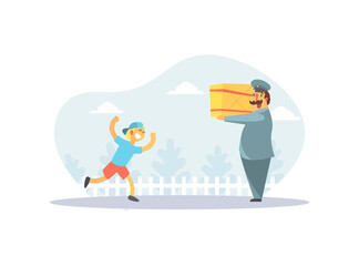 Happy Boy Running to Postman in Uniform Delivering Parcel Vector Illustration