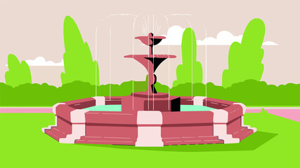 in the garden there is a fountain from which water flows, in the background there are trees,the fountain is on the lawn,vector,cartoon. - 364520517