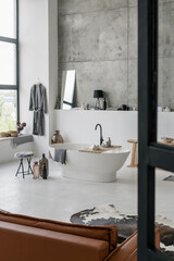 Modern interior house with contemporary design at white bathroom