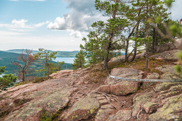 Fototapeta na wymiar Skuleberget - Sweden July 10 2020: A sign saying This is the world's highest coastline over the sea 286 meters above sea level