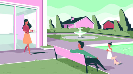 a happy family, they stay at their home, in the yard there is a pool and a fountain, the man is sitting on the chair, his wife brings him something to drink,vector. - 364521135