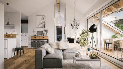 Deurstickers view inside modern luxury attic loft apartment - 3d rendering © Christian Hillebrand