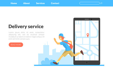 Delivery Service Landing Page Template, Courier Worker Delivering Goods from Online Stores Web Page, Mobile App, Homepage Vector Illustration