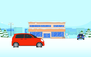 red car, snow everywhere, in the background are fir trees covered with snow,vector. - 364521363