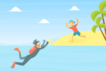 Happy Boy Running to Postman in Uniform with Scuba Diving Mask Delivering Letter bo Water Vector Illustration