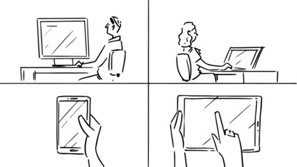 in this storyboard a woman is working on a laptop. the man is working on the computer, the hand is holding the phone, the hand is holding the board and the second hand is pointing at her,storyboard.
