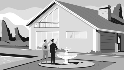 private house in the garden which is a fountain and a pool, next to the fountain are two men,vector,cartoon. - 364521703