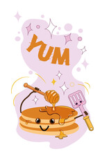 illustration of a food, pancake, cartoon , vector, illustrator, funny, happy, yummy, cooking, delicious, honey
