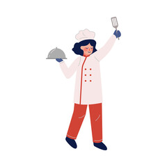 Woman Professional Chef Character Holding Cloche and Spatula, Female Kitchener Wearing Traditional Uniform Working in Restaurant or Cafe, Vector Illustration