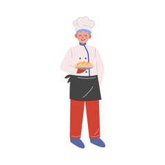 Professional Chef Character with Freshly Baked Bread, Baker Wearing Traditional Uniform Working in Restaurant or Cafe, Vector Illustration