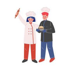 Professional Chef Characters, Male and Female Kitcheners Wearing Traditional Uniform Working in Restaurant or Cafe, Vector Illustration