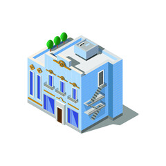 Blue house with patterns on the facades and a fire escape. Isometric style.eps