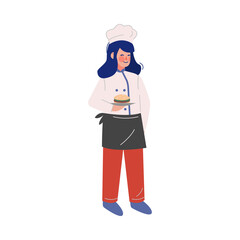 Woman Professional Chef Character with Freshly Cooked Burger, Female Baker Wearing Traditional Uniform Working in Restaurant or Cafe, Vector Illustration