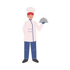 Man Professional Chef Character with Silver Cloche, Male Kitchener Wearing Traditional Uniform Working in Restaurant or Cafe, Vector Illustration