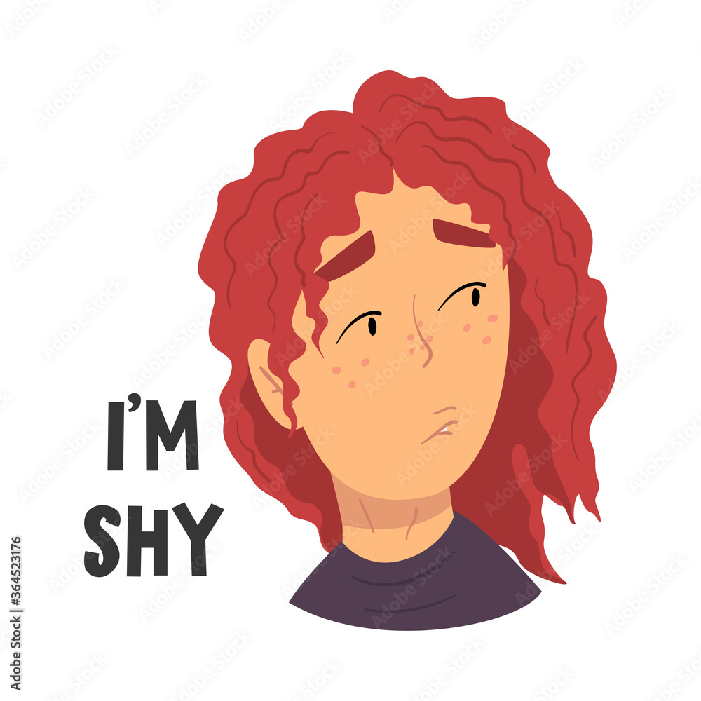 Sticker I am Shy, Teen Problem, Depressed Teenager Girl in Stressful Situation Vector Illustration