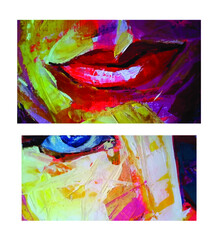 Parts of the female face: eye, nose and lips. Multicolor abstract image with acrylic. Vector set.