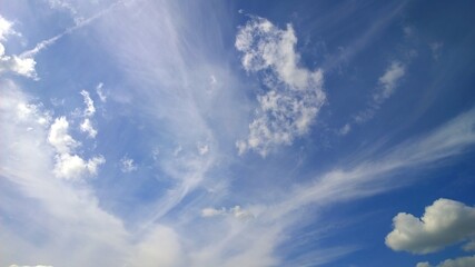 Blue sky with blurry white and fluffy floating clouds. Shades of color. Tenderness, dreams and inspiration. Copy space. Beautiful abstract background. Fresh air. Environment. Heaven. Ozone protection 