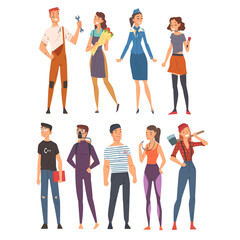 Fototapeta premium People of Various Occupations Set, Plumber, Florist, Singer, Stewardess, Programmer, Diver, Sailor, Coach, Lumberjack Vector Illustration