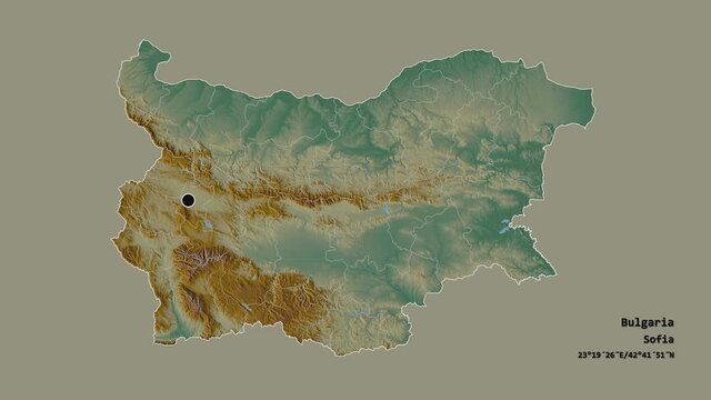 Dobrich, province of Bulgaria, with its capital, localized, outlined and zoomed with informative overlays on a relief map in the Stereographic projection. Animation 3D