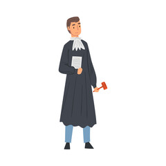 Obraz na płótnie Canvas Professional Judge, Male Court Worker Character in Judicial Robe Standing with Hammer Vector Illustration on White Background