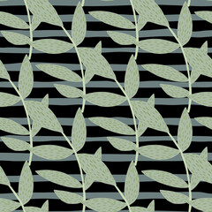 Grey branches with dash on black stripped background. Floral seamless pattern.