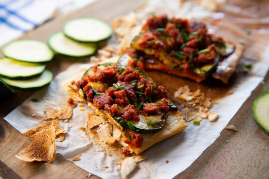 Coca from mallorca with sobrassada and zucchini