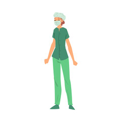 Female Doctor or Nurse, Medical Worker Character Wearing Uniform and Disposable Surgical Face Mask Vector Illustration on White Background