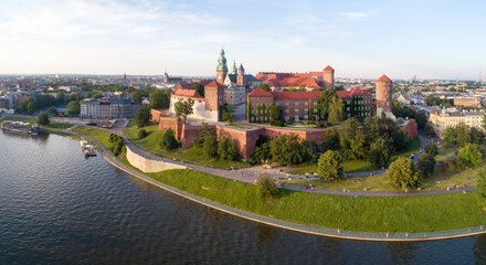 Wide Panorama of Krakow, Poland, Wawel castle and Vistula river