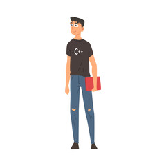 Young Handsome Man in Casual Clothes Standing with Laptop in His Hands, Computer Programmer Character Vector Illustration