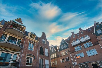 Fototapeta premium Old houses in amsterdam. Traditional Dutch architecture, beautiful houses and bright blue sky on a sunny day. Holland ordinary houses.