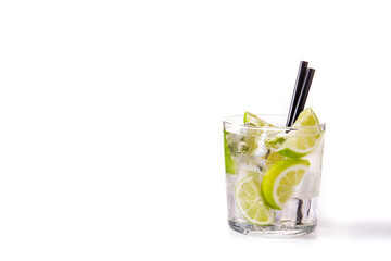 Caipiroska cocktail with lime isolated on white background. Copy space