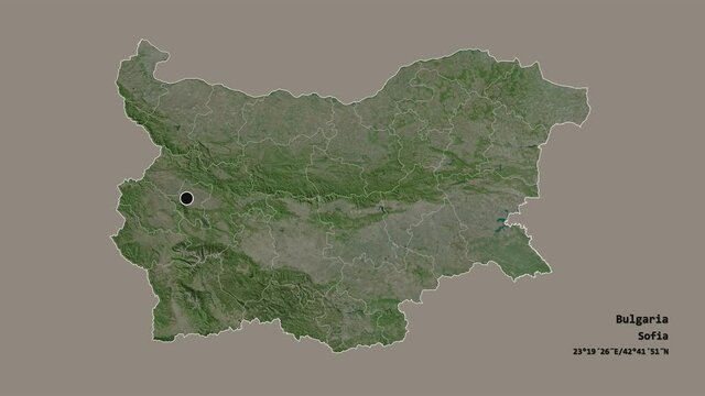 Razgrad, province of Bulgaria, with its capital, localized, outlined and zoomed with informative overlays on a satellite map in the Stereographic projection. Animation 3D