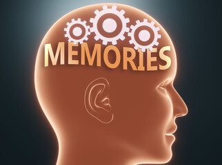 Memories inside human mind - pictured as word Memories inside a head with cogwheels to symbolize that Memories is what people may think about and that it affects their behavior, 3d illustration