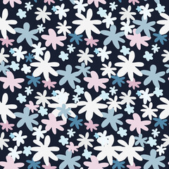 Bright daisy flower seamless pattern with black background. White and blue floral random ornament.
