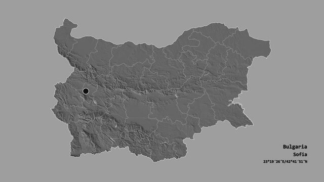 Shumen, province of Bulgaria, with its capital, localized, outlined and zoomed with informative overlays on a bilevel map in the Stereographic projection. Animation 3D