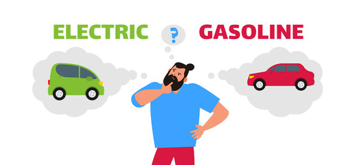 man with question mark choose electric or gasoline car clean energy transport vector illsutration