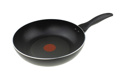 Black teflon skillet with non-stick coated surface isolated on white background