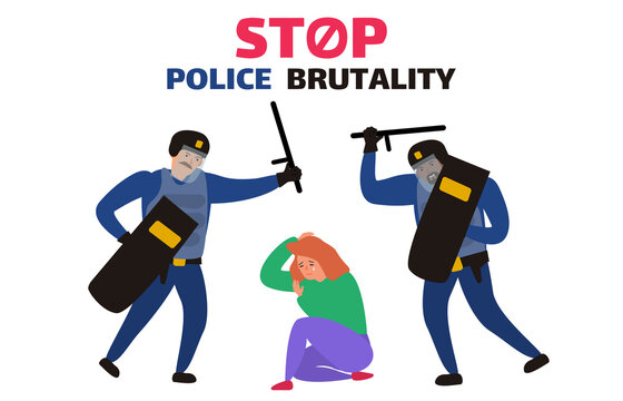stop police brutality two policemen in uinform attack a sitting crying woman vector illustration