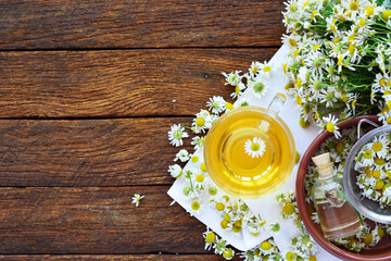 cup of herbal chamomile tea and daisy flowers. doctor treatment and prevention of immune concept, medicine - folk, alternative, complementary, traditional medicine