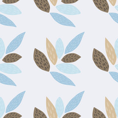 Botanic seamless pattern with ornament leafs. Light background with brown and blue elements in scandinavian style.